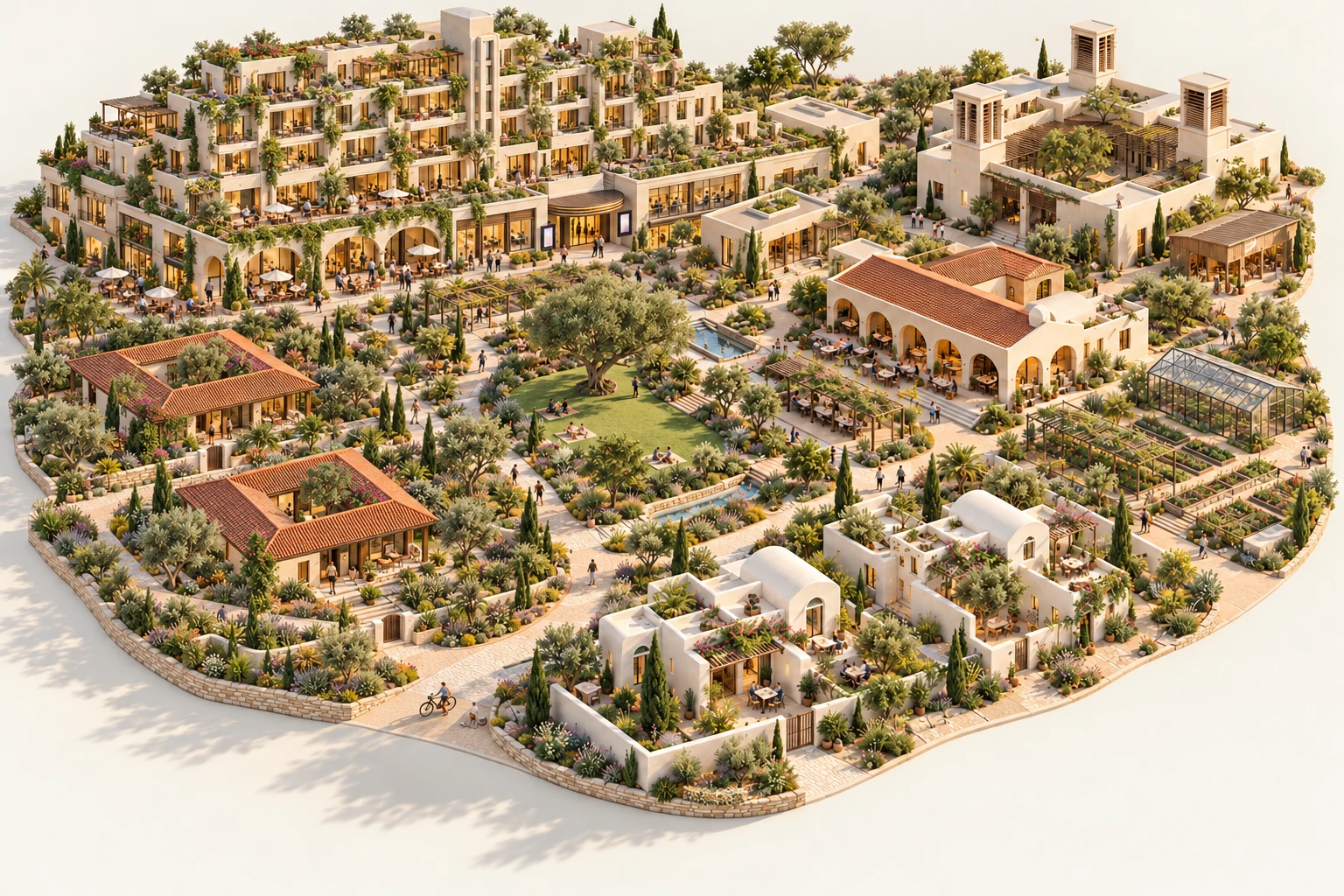 An imagined Noubiome village: single-family timber courtyard houses, garden condos with a mixed-use base, a windcatcher work court, an arcaded commons, garden cottages and productive gardens around a central green.